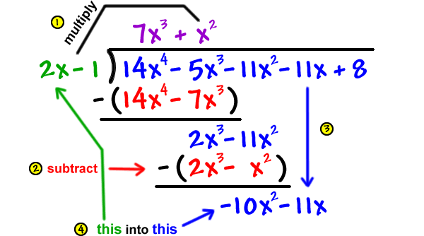 step 1: multiply x^2 to ( 2x - 1 ) ... step 2: subtract the product ( 2x ^3 - x^2 ) from the 2x^3 - 11x^2 we got in the last step, giving -10x^2 ... step 3: bring the -11x down, giving -10x^2- 11x ... step 4: divide 2x into -10x^2