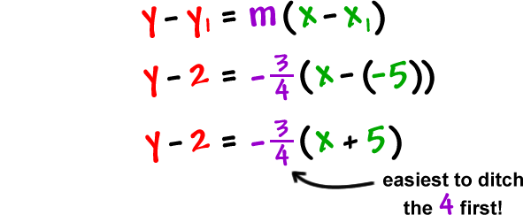 y - y1 = m( x - x1 )  ...  y - 2 = -( 3 / 4 )( x - ( -5 ) )  ...  y - 2 = -( 3 / 4 )( x + 5 )  ...  easiest to ditch the 4 first!