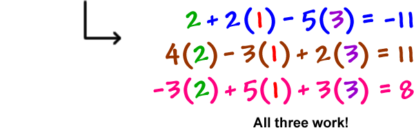 2 + 2 ( 1 ) - 5 ( 3 ) = -11 ... 4 ( 2 ) - 3 ( 1 ) + 2 ( 3 ) = 11 ... -3 ( 2 ) + 5 ( 1 ) + 3 ( 3 ) = 8 ... All three work!