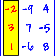 | row 1: -2 , -9 , 4  row 2: 3 , 7 , -5  row 3: 1 , -6 , 8 | ... put a box around column 1