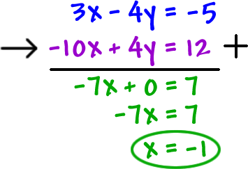 ( 3x - 4y = -5 ) + ( -10x + 4y = 12 ) = ( -7x + 0 = 7 ) ... -7x = 7 ... x = -1