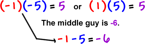 ( -1 ) ( -5 ) = 5 or ( 1 ) ( 5 ) = 5 ... the middle guy is -6 ... -1 - 5 = -6 ... therefore, it is the first option