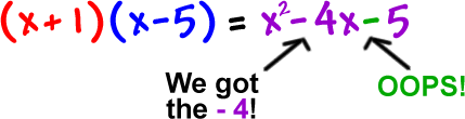 ( x + 1 ) ( x - 5 ) = x^2 - 4x - 5 ... we got the -4, but the -5 is incorrect