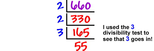 660 / 2 = 330 / 2 = 165 / 3 = 55  ...  I used the 3 divisibility test to see that 3 goes in!