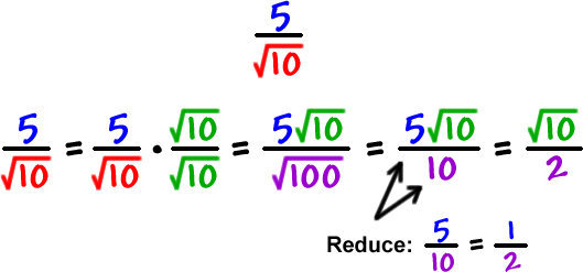 5 / sqrt(10) = ( 5 / sqrt(10) )( sqrt(10)*sqrt(10) ) = ( 5*sqrt(10) / sqrt(100) ) = ( 5*sqrt(10) / 10 ) = sqrt(10) / 2     reduce 5/10 = 1/2