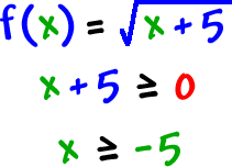 f( x ) = square root( x + 5 ) ... x + 5 is greater than or equal to 0 ... x is greater than or equal to -5