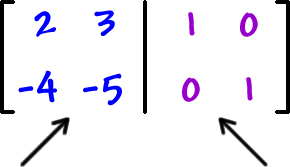 [ row 1: 2 , 3  row 2: -4 , -5  |  row 1: 1 , 0   row 2: 0 , 1 ]