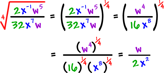 the 4th root of ( ( 2(x^(-1))(w^5) ) / ( 32(x^7)(w) ) = w / ( 2x^2 )