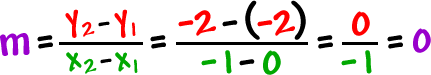 m = ( y2 - y1 ) / ( x2 - x1 ) = -2 - ( -2 ) / -1 - 0 = 0 / -1 = 0