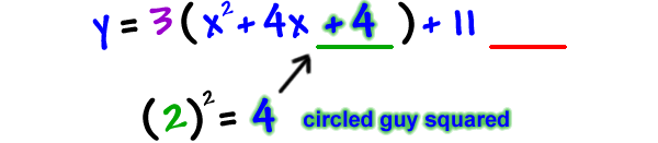 y = 3 ( x^2 + 4x + 4 ) + 11 ___ ... ( 2 )^2 = 4 ( circled guy squared )