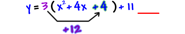 y = 3 ( x^2 + 4x + 4 ) + 11 ___ ... the 3 distributes to the +4 to give +12