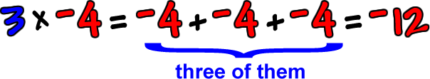 3 x -4 = -4 + -4 + -4 = -12