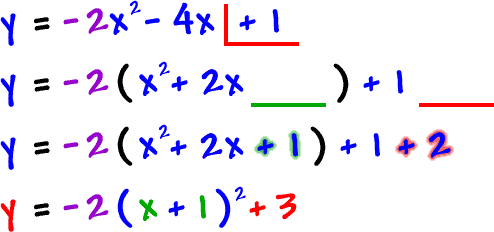 y = -2x^2 - 4x + 1 gives y = -2 ( x^2 - 4x ___ ) + 1 ___ which gives y = -2 ( x^2 - 4x + 1 ) + 1 + 2 which gives y = -2 ( x + 1 )^2 + 3