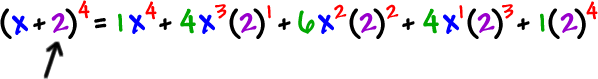 ( x + 2 )^( 4 )  =  1x^( 4 ) + 4x^( 3 )2^( 1 ) + 6x^( 2 )2^( 2 ) + 4x^( 1 )2^( 3 ) + ( 1 )2^( 4 )