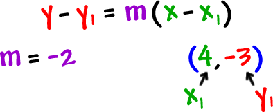 y - y1 = m ( x - x1 ) ... m = -2 ... using the point ( 4 , -3 ), x1 is 4 and y1 is -3