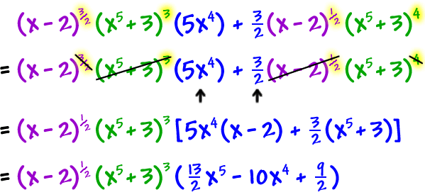 ( x - 2 )^( 3 / 2 ) ( x^5 + 3 )^3 ( 5x^4 ) + ( 3 / 2 )( x - 2 )^( 1 / 2 ) ( x^5 + 3 )^4  ...  cross out the ^( 3 / 2 ) on the first guy, ( x^5 + 3 )^3 , ( x - 2 )^( 1 / 2 ) and the ^4 on the last guy  =  ( x - 2 )^( 1 / 2 ) ( x^5 + 3 )^3 [ 5x^4 ( x - 2 ) + ( 3 / 2 )( x^ 5 + 3 )]  =  ( x - 2 )^( 1 / 2 ) ( x^5 + 3 )^3 ( ( 13 / 2 )x^5 - 10x^4 + ( 9 / 2 ) )