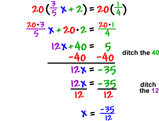 20( (3/5)x + 2 ) = 20(1/4)  which gives   ((20)(3)/5)x + 20(2) = (20)(1)/4  which gives  12x + 40 = 5  ditch the 40...  12x + 40 - 40 = 5 - 40  which gives  12x = -35  ditch the 12...  12x/12 = -35/12  which gives  x = -35/12