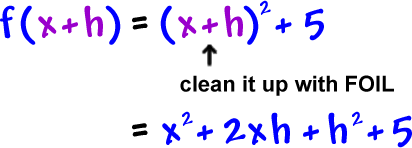 f( x + h ) = ( x + h )^2 + 5  ...  clean it up with FOIL  ...  = x^2 + 2xh + h^2 + 5